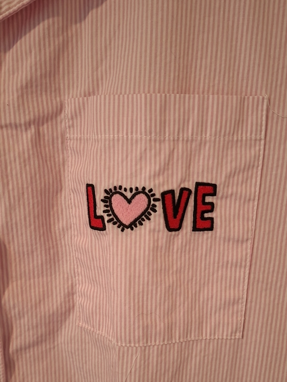 Keith Haring Pink & White Striped 'Love' Embroidered Pajama-style Top (Size XXL) - Picture 3 of 7
